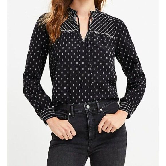 Loft NWT Clip Stripe Ruffle Tie Neck Blouse in Black Size S - Picture 1 of 7